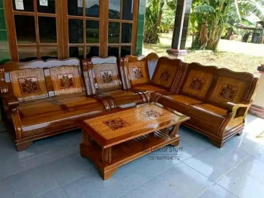 Kursi Tamu Sudut Gajah Full ukiran Kayu Jati Perhutani